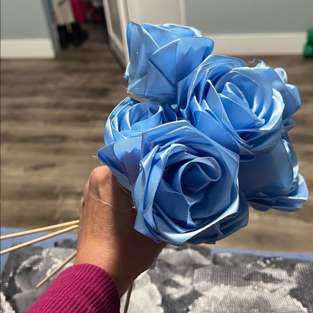 Elegant Blue Satin Rose Bouquet- 9 roses